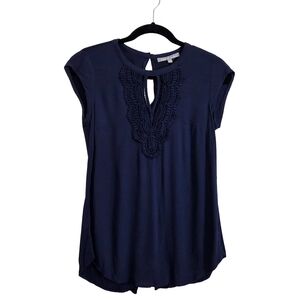 Daniel Rainn Navy Blouse with Crochet Accent